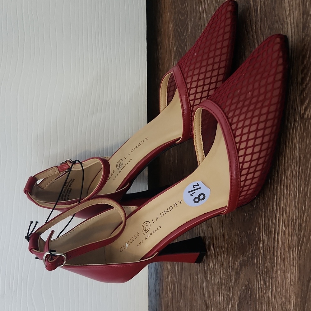 NEW Chinese Laundry Pointed Mesh Toe Ankle Strap Red Heels, size 8.5